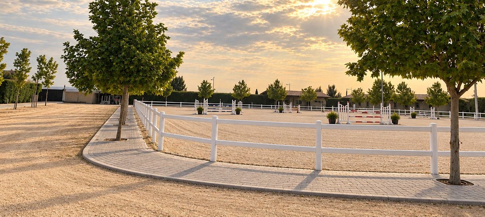 Pista de Emiralia al atardecer, con obstáculos, valla blanca y árboles