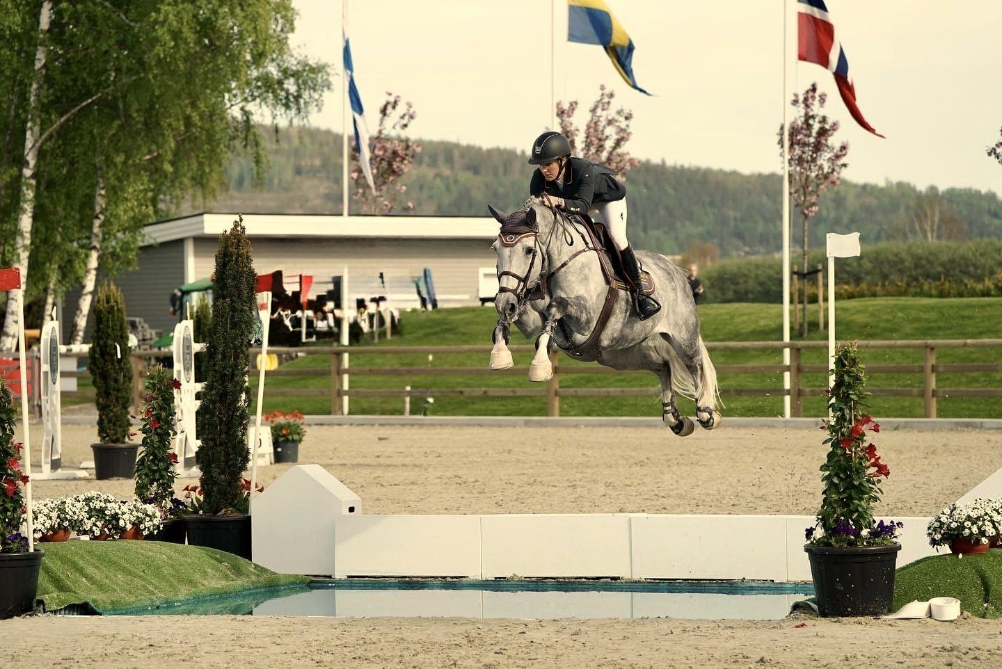 Diana Marsá saltando una ría con un caballo tordo