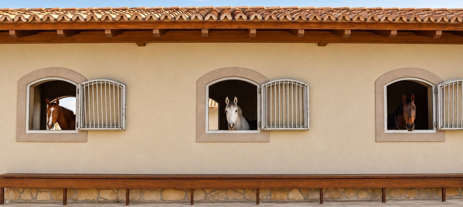Fachada de las cuadras de Emiralia con tres caballos asomados a sus ventanas