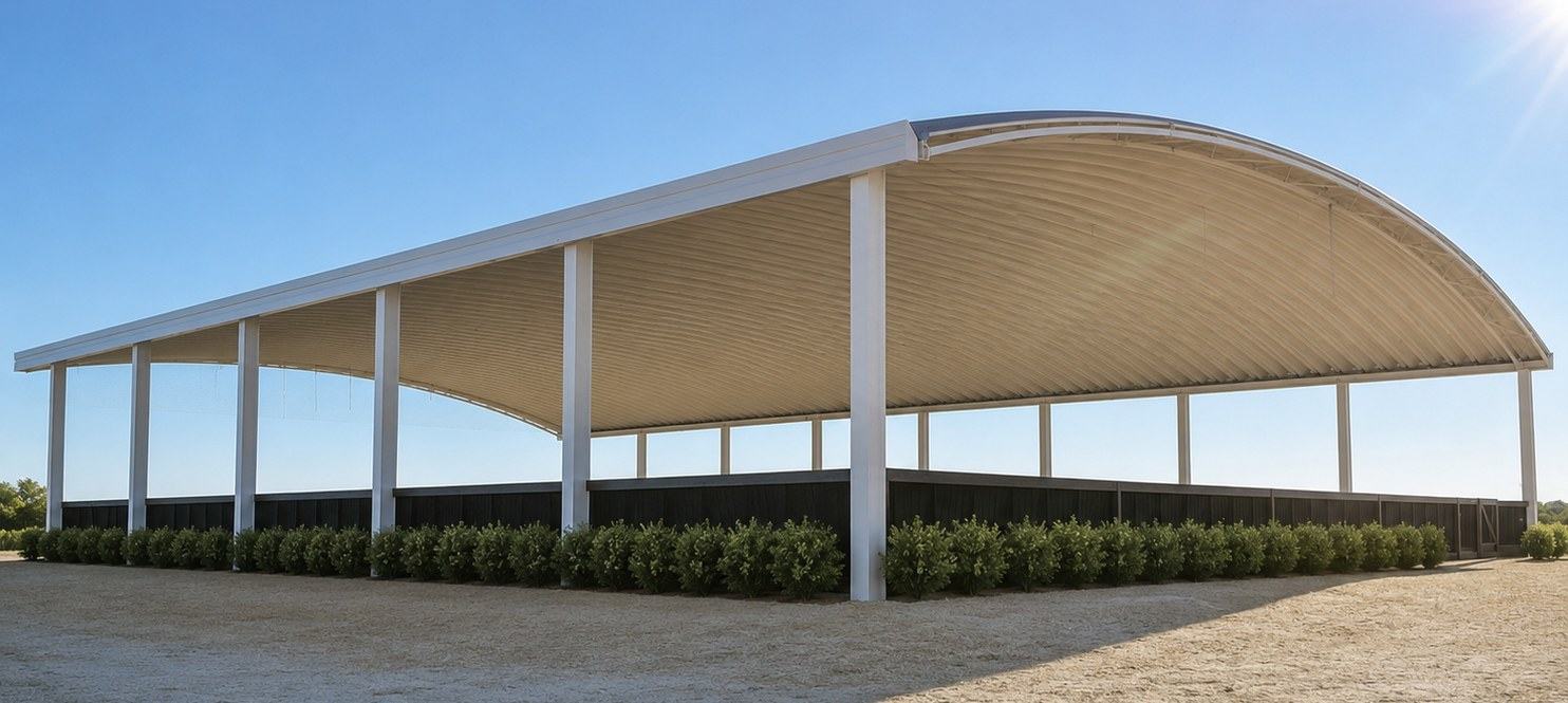 Pista cubierta de Emiralia con techo curvo y seto alrededor