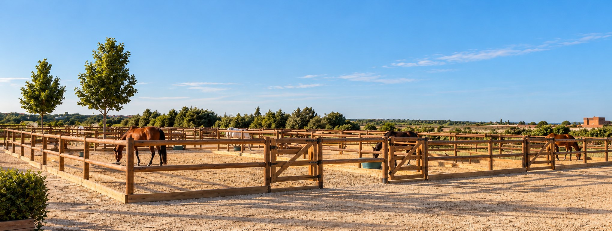 Paddocks de Emiralia con vallas de madera y caballos pastando bajo el cielo azul